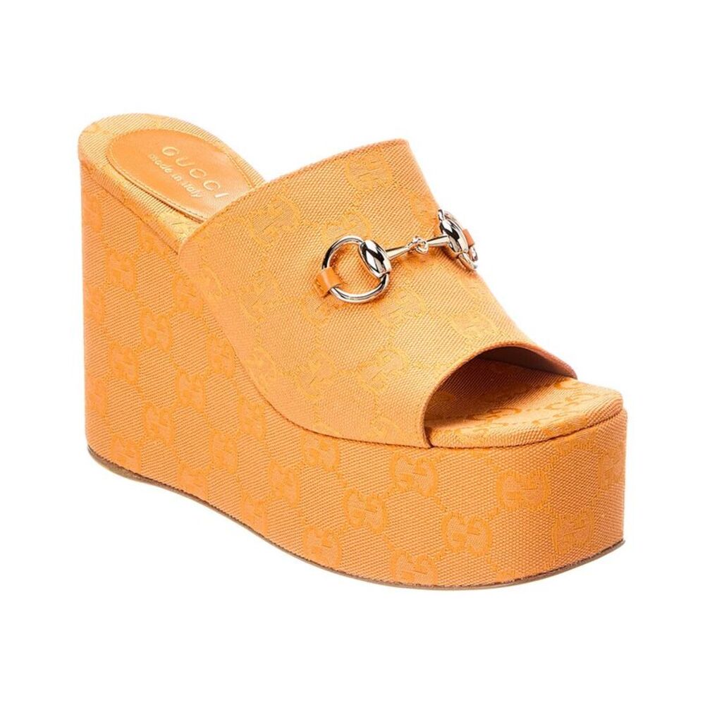 Gucci Horsebit Gg Supreme Canvas & Leather Wedge Sandal, Orange